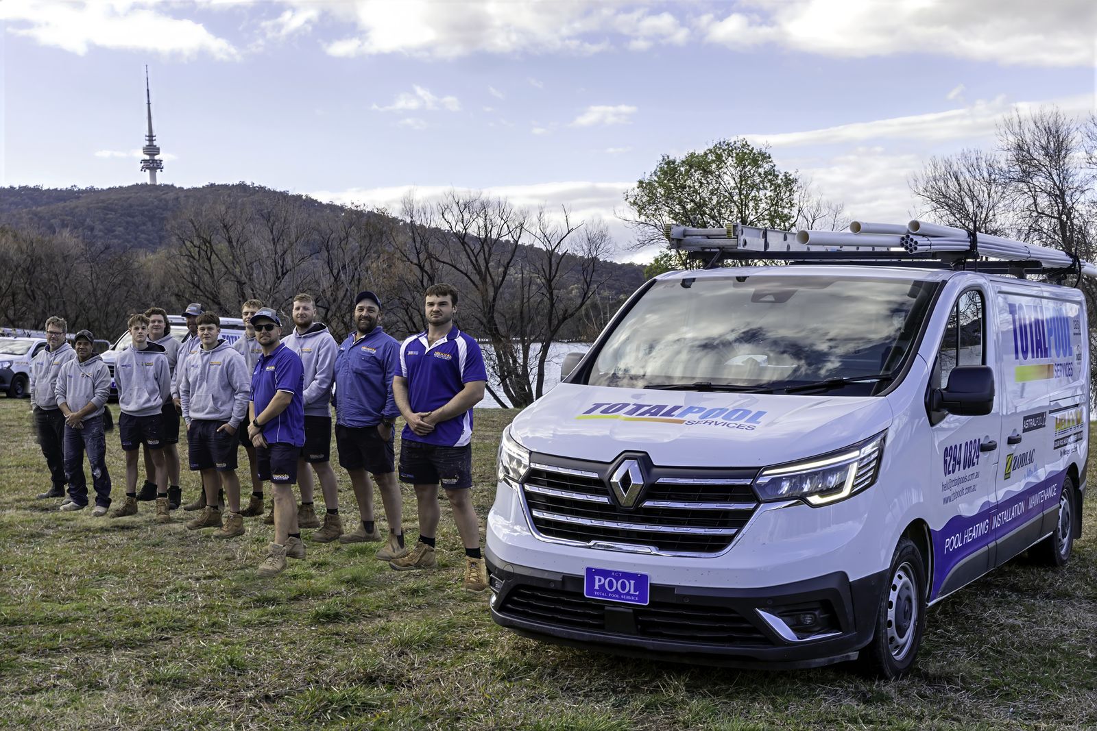 The full Total Pool Services team with Telstra Tower Canberra